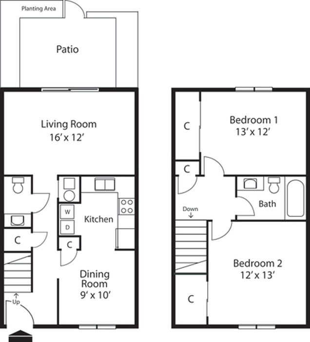 2 Bedroom Townhome Floor Plan Image